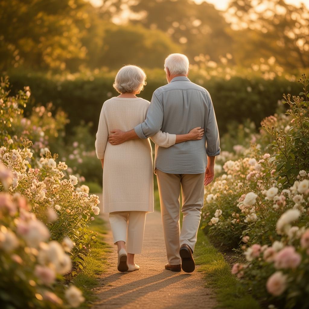 A daughter walking arm in arm with her elderly father through a flower garden