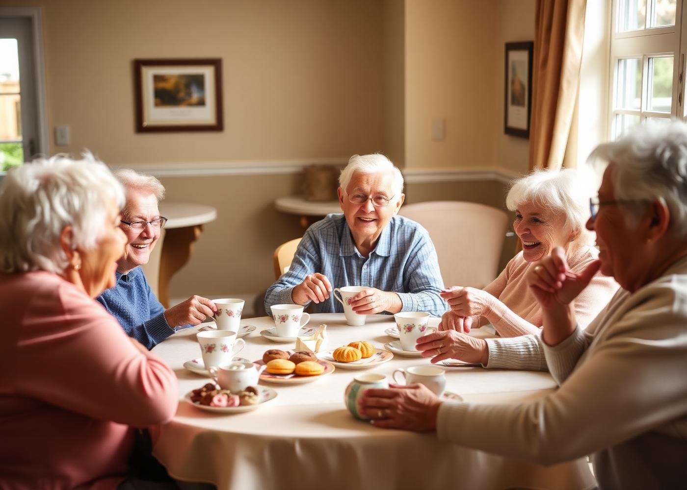 Seniors enjoying tea time and laughter together at a community table